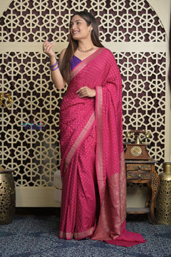 Shubh Lakshmi 2.0 ~ Handloom Banarasi Khaddi Crepe Georgette Silk Saree in Bestseller Pink(Silk Mark Certified) - verymuchindian.com