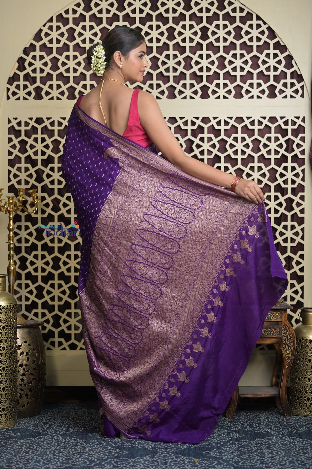 Shubh Lakshmi 2.0 ~ Handloom Banarasi Khaddi Crepe Georgette Silk Saree in Bestseller Purple (Silk Mark Certified) - verymuchindian.com