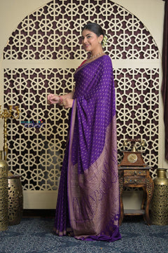 Shubh Lakshmi 2.0 ~ Handloom Banarasi Khaddi Crepe Georgette Silk Saree in Bestseller Purple (Silk Mark Certified) - verymuchindian.com