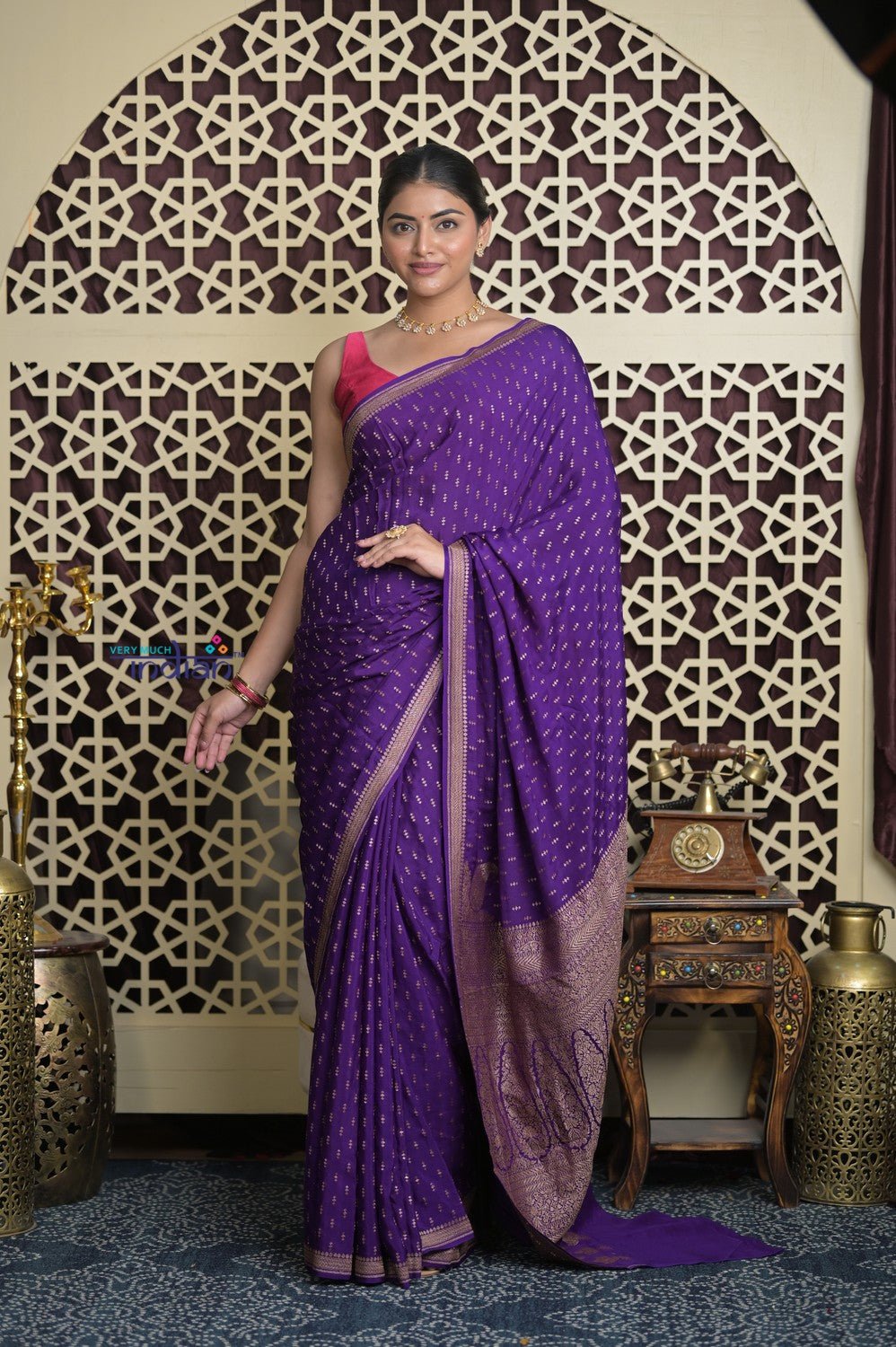 Shubh Lakshmi 2.0 ~ Handloom Banarasi Khaddi Crepe Georgette Silk Saree in Bestseller Purple (Silk Mark Certified) - verymuchindian.com