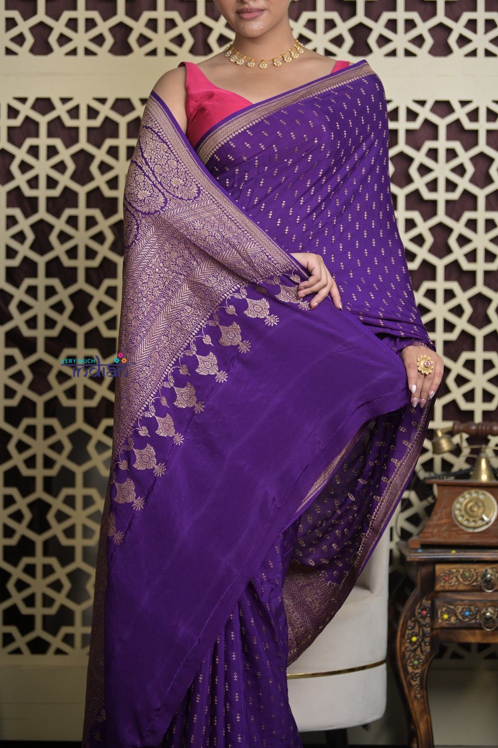 Shubh Lakshmi 2.0 ~ Handloom Banarasi Khaddi Crepe Georgette Silk Saree in Bestseller Purple (Silk Mark Certified) - verymuchindian.com