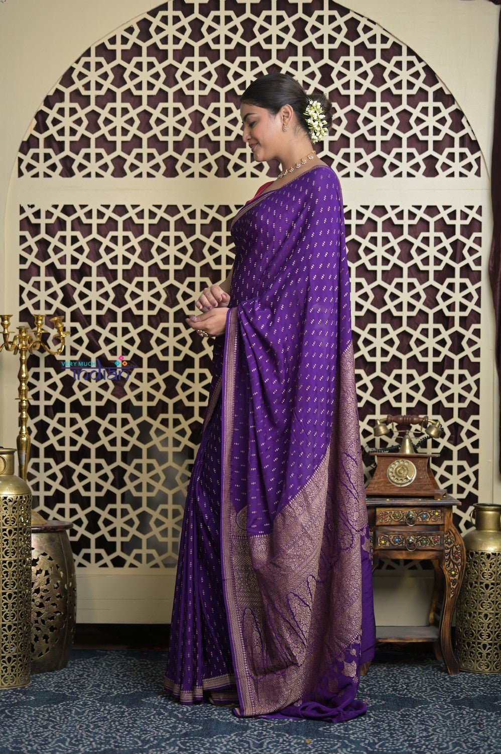 Shubh Lakshmi 2.0 ~ Handloom Banarasi Khaddi Crepe Georgette Silk Saree in Bestseller Purple (Silk Mark Certified) - verymuchindian.com