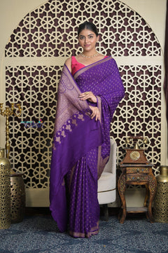 Shubh Lakshmi 2.0 ~ Handloom Banarasi Khaddi Crepe Georgette Silk Saree in Bestseller Purple (Silk Mark Certified) - verymuchindian.com