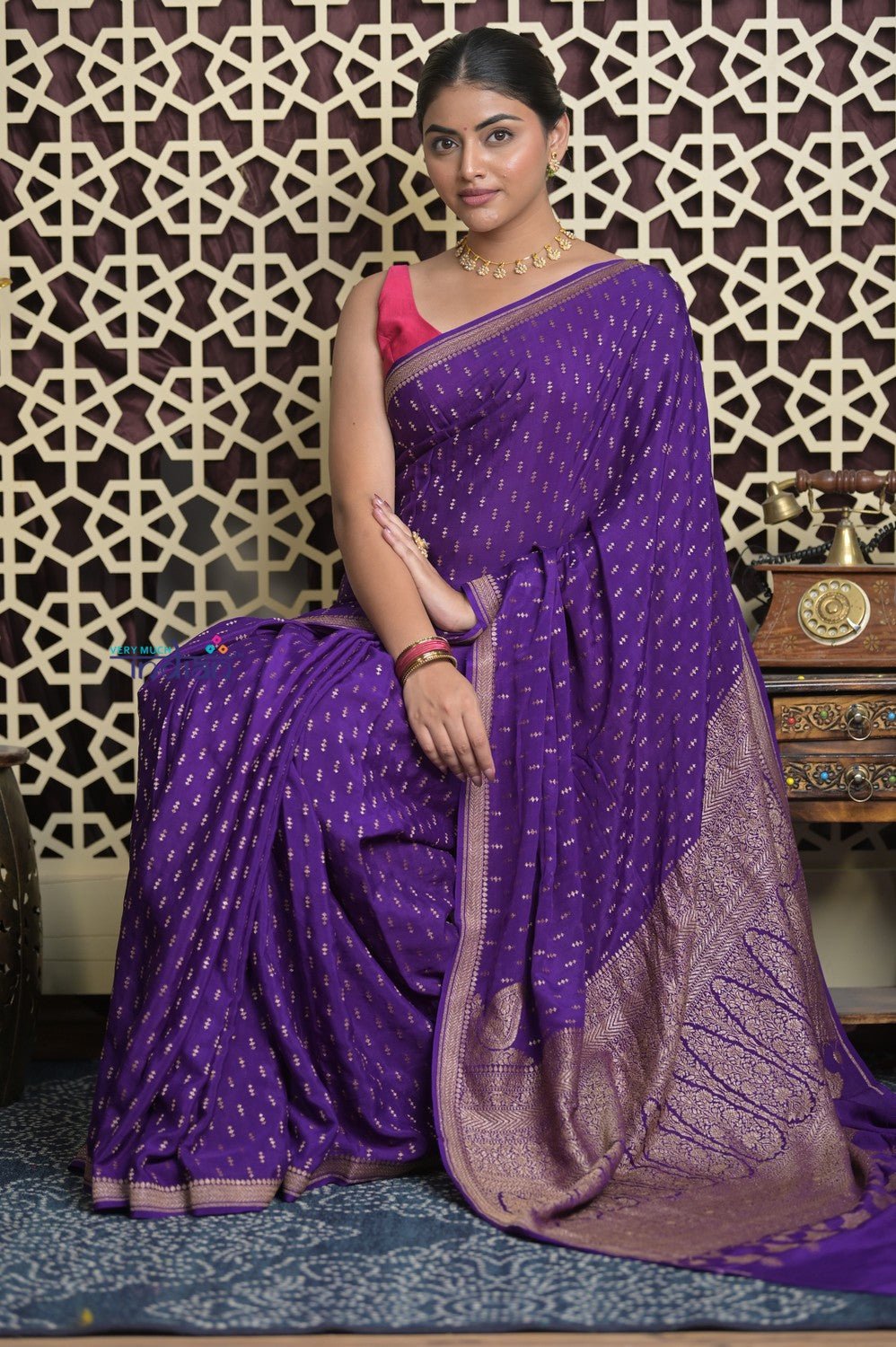 Shubh Lakshmi 2.0 ~ Handloom Banarasi Khaddi Crepe Georgette Silk Saree in Bestseller Purple (Silk Mark Certified) - verymuchindian.com