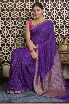 Shubh Lakshmi 2.0 ~ Handloom Banarasi Khaddi Crepe Georgette Silk Saree in Bestseller Purple (Silk Mark Certified) - verymuchindian.com