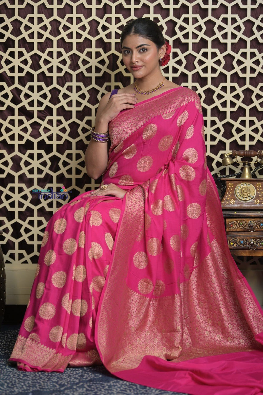 Shubh Lakshmi 2.0 ~ Handloom Banarasi Khaddi Crepe Georgette Silk Saree in Magenta Pink (Silk Mark Certified) - verymuchindian.com