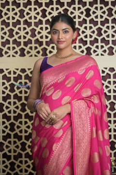 Shubh Lakshmi 2.0 ~ Handloom Banarasi Khaddi Crepe Georgette Silk Saree in Magenta Pink (Silk Mark Certified) - verymuchindian.com