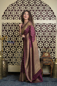 Shubh Lakshmi 2.0 ~ Handloom Banarasi Khaddi Crepe Georgette Silk Saree in Taupe Brown (Silk Mark Certified) - verymuchindian.com