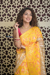 Shubh Lakshmi 2.0 ~ Handloom Banarasi Pure Silk Kora Saree in Beige and Yellow (Silk Mark Certified) - verymuchindian.com
