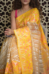 Shubh Lakshmi 2.0 ~ Handloom Banarasi Pure Silk Kora Saree in Beige and Yellow (Silk Mark Certified) - verymuchindian.com