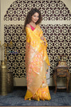 Shubh Lakshmi 2.0 ~ Handloom Banarasi Pure Silk Kora Saree in Beige and Yellow (Silk Mark Certified) - verymuchindian.com