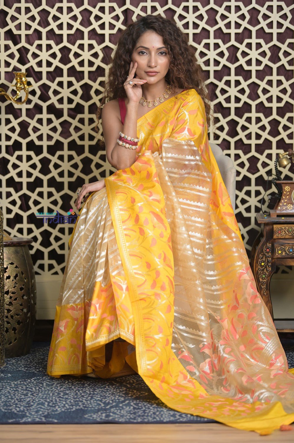 Shubh Lakshmi 2.0 ~ Handloom Banarasi Pure Silk Kora Saree in Beige and Yellow (Silk Mark Certified) - verymuchindian.com