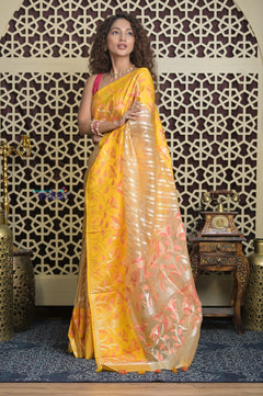 Shubh Lakshmi 2.0 ~ Handloom Banarasi Pure Silk Kora Saree in Beige and Yellow (Silk Mark Certified) - verymuchindian.com