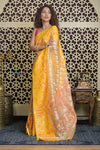 Shubh Lakshmi 2.0 ~ Handloom Banarasi Pure Silk Kora Saree in Beige and Yellow (Silk Mark Certified) - verymuchindian.com