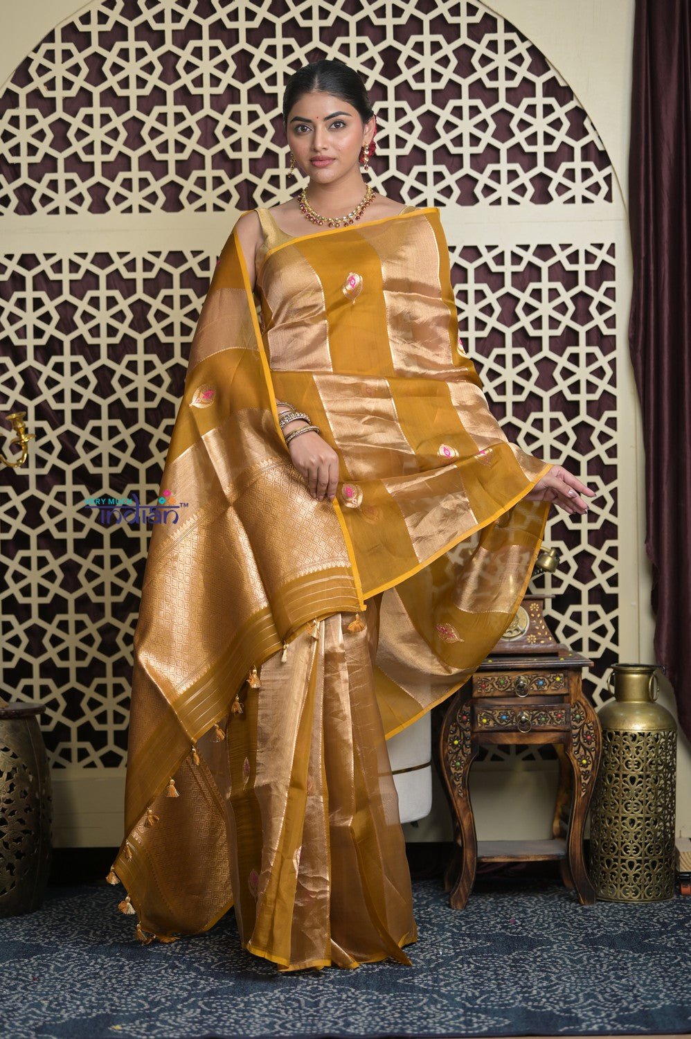 Shubh Lakshmi 2.0 ~ Handloom Banarasi Pure Tissue Silk Kora Saree in Yellow Gold with PaIsley Buttis (Silk Mark Certified) - verymuchindian.com