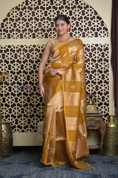 Shubh Lakshmi 2.0 ~ Handloom Banarasi Pure Tissue Silk Kora Saree in Yellow Gold with PaIsley Buttis (Silk Mark Certified) - verymuchindian.com