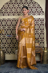 Shubh Lakshmi 2.0 ~ Handloom Banarasi Pure Tissue Silk Kora Saree in Yellow Gold with PaIsley Buttis (Silk Mark Certified) - verymuchindian.com