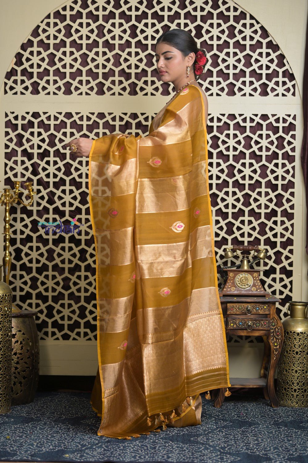 Shubh Lakshmi 2.0 ~ Handloom Banarasi Pure Tissue Silk Kora Saree in Yellow Gold with PaIsley Buttis (Silk Mark Certified) - verymuchindian.com
