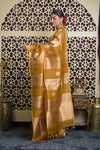 Shubh Lakshmi 2.0 ~ Handloom Banarasi Pure Tissue Silk Kora Saree in Yellow Gold with PaIsley Buttis (Silk Mark Certified) - verymuchindian.com