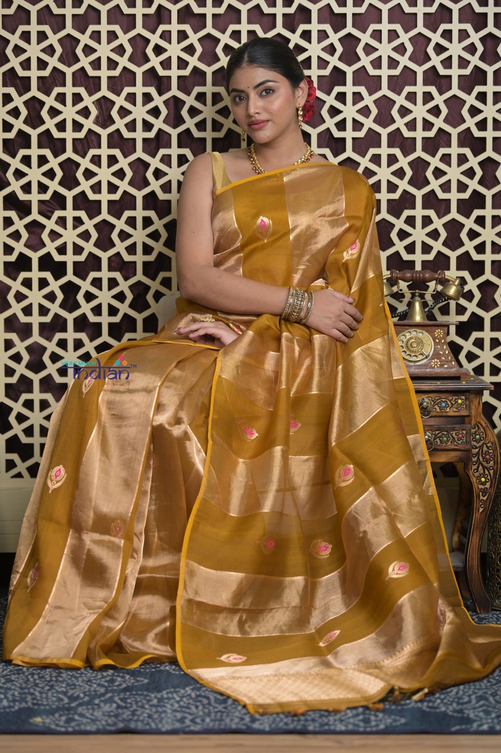 Shubh Lakshmi 2.0 ~ Handloom Banarasi Pure Tissue Silk Kora Saree in Yellow Gold with PaIsley Buttis (Silk Mark Certified) - verymuchindian.com
