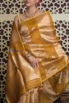 Shubh Lakshmi 2.0 ~ Handloom Banarasi Pure Tissue Silk Kora Saree in Yellow Gold with PaIsley Buttis (Silk Mark Certified) - verymuchindian.com