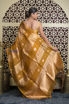 Shubh Lakshmi 2.0 ~ Handloom Banarasi Pure Tissue Silk Kora Saree in Yellow Gold with PaIsley Buttis (Silk Mark Certified) - verymuchindian.com