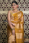 Shubh Lakshmi 2.0 ~ Handloom Banarasi Pure Tissue Silk Kora Saree in Yellow Gold with PaIsley Buttis (Silk Mark Certified) - verymuchindian.com