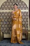 Shubh Lakshmi 2.0 ~ Handloom Banarasi Pure Tissue Silk Kora Saree in Yellow Gold with PaIsley Buttis (Silk Mark Certified) - verymuchindian.com