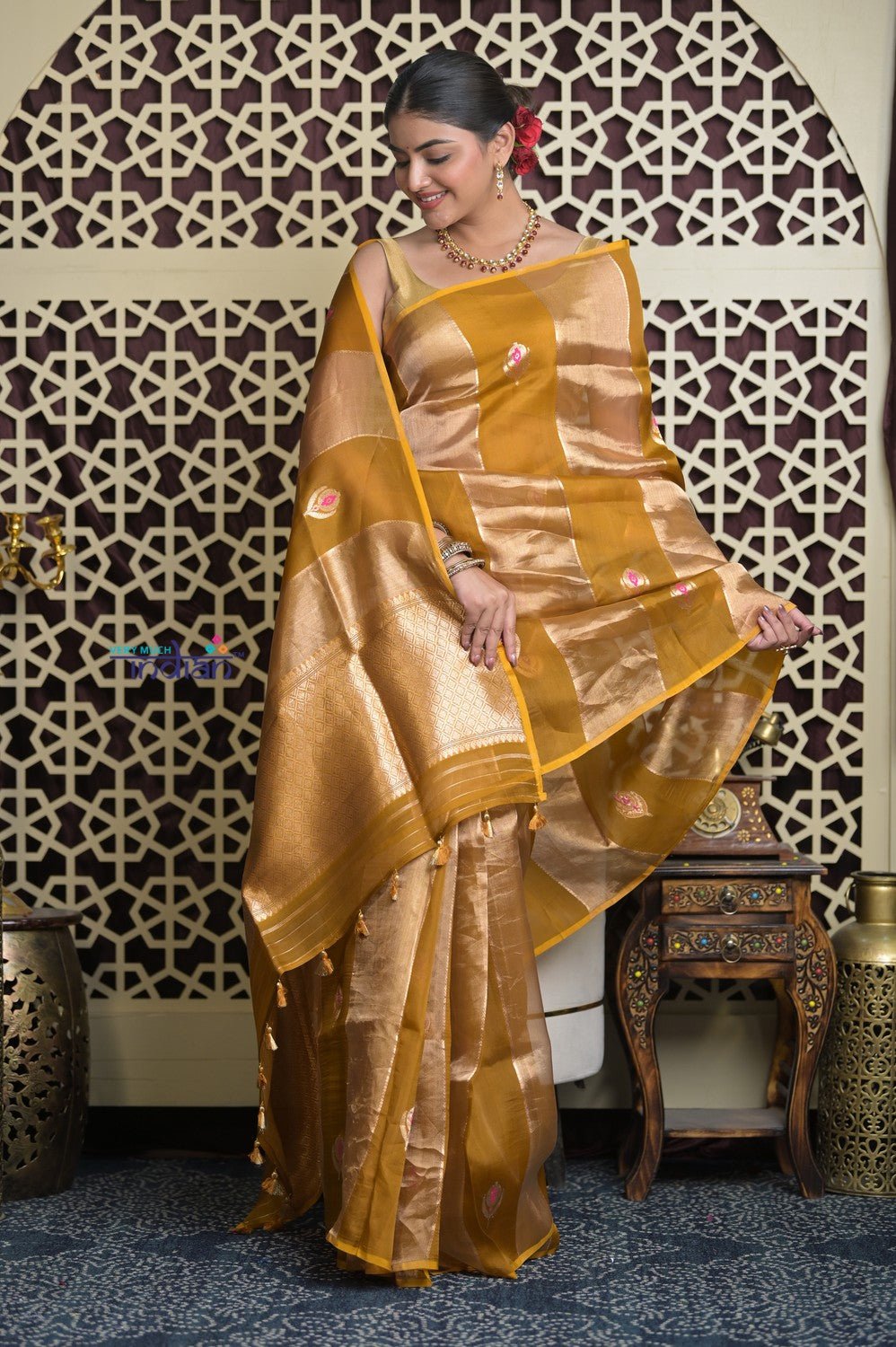 Shubh Lakshmi 2.0 ~ Handloom Banarasi Pure Tissue Silk Kora Saree in Yellow Gold with PaIsley Buttis (Silk Mark Certified) - verymuchindian.com
