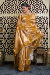Shubh Lakshmi 2.0 ~ Handloom Banarasi Pure Tissue Silk Kora Saree in Yellow Gold with PaIsley Buttis (Silk Mark Certified) - verymuchindian.com