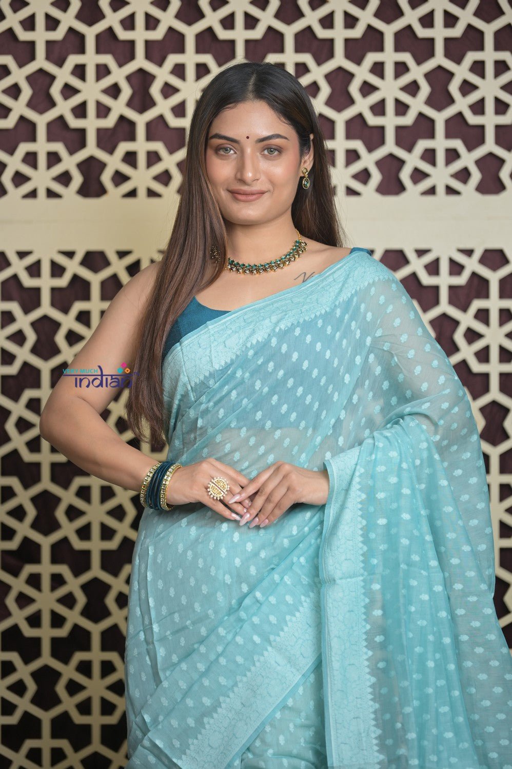Shubh Lakshmi 2.0 ~ Handloom Chanderi Saree in Flush Blue (Silk Mark Certified) - verymuchindian.com