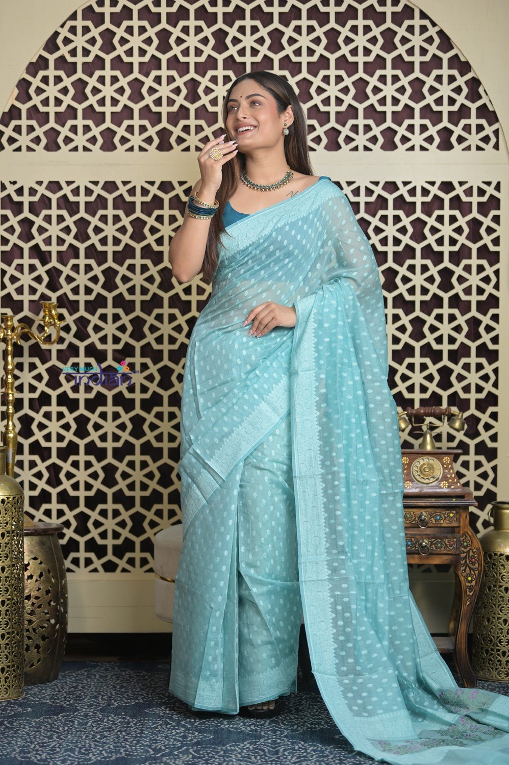 Shubh Lakshmi 2.0 ~ Handloom Chanderi Saree in Flush Blue (Silk Mark Certified) - verymuchindian.com