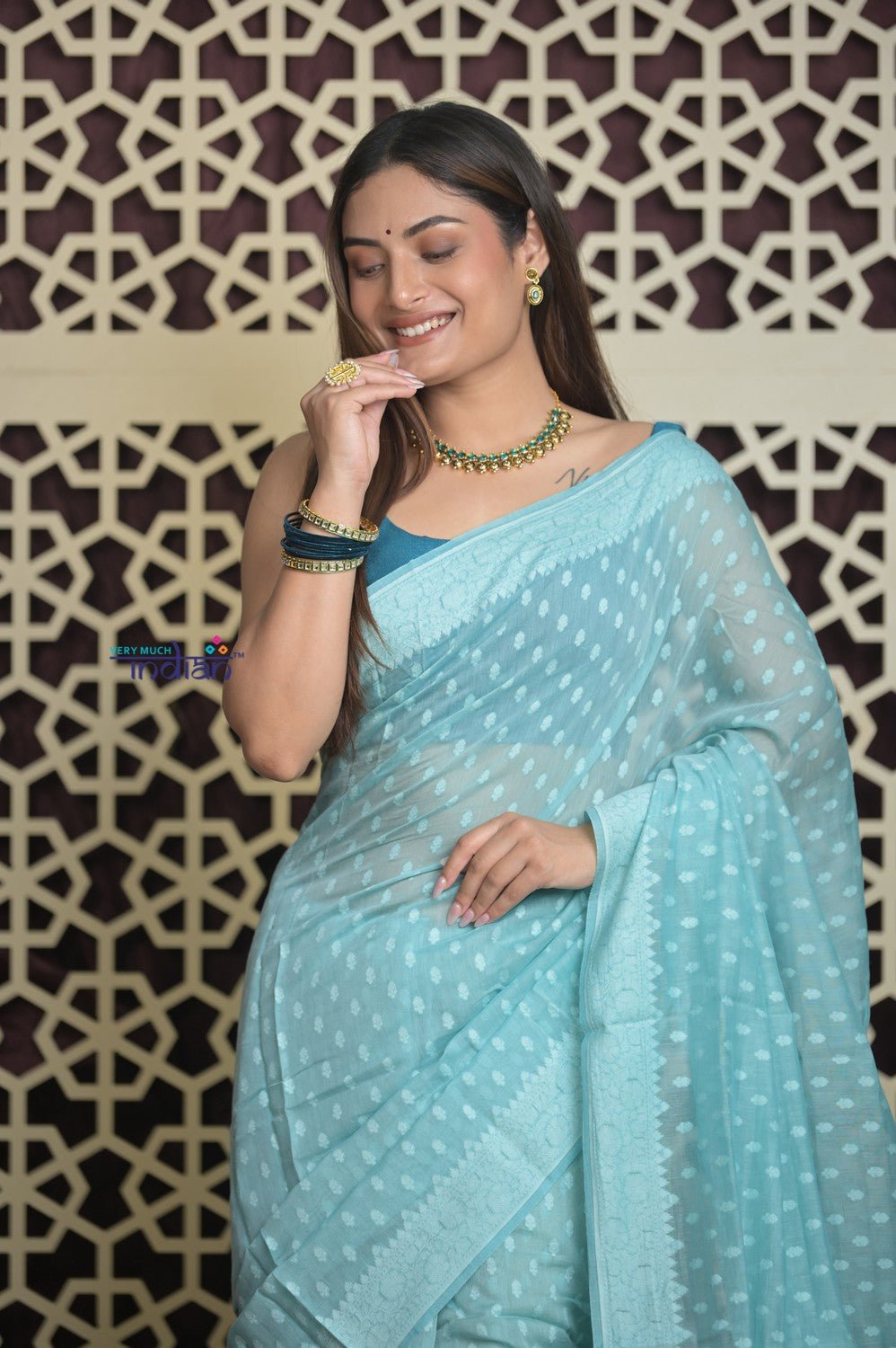 Shubh Lakshmi 2.0 ~ Handloom Chanderi Saree in Flush Blue (Silk Mark Certified) - verymuchindian.com