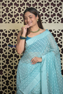 Shubh Lakshmi 2.0 ~ Handloom Chanderi Saree in Flush Blue (Silk Mark Certified) - verymuchindian.com