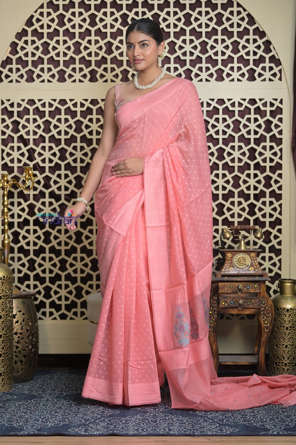 Shubh Lakshmi 2.0 ~ Handloom Chanderi Saree in Light Peach (Silk Mark Certified) - verymuchindian.com