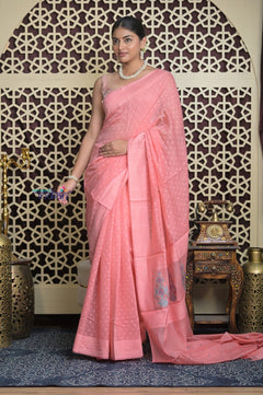 Shubh Lakshmi 2.0 ~ Handloom Chanderi Saree in Light Peach (Silk Mark Certified) - verymuchindian.com