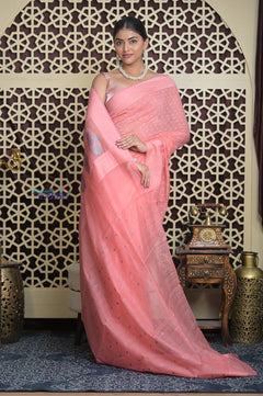 Shubh Lakshmi 2.0 ~ Handloom Chanderi Saree in Light Peach (Silk Mark Certified) - verymuchindian.com