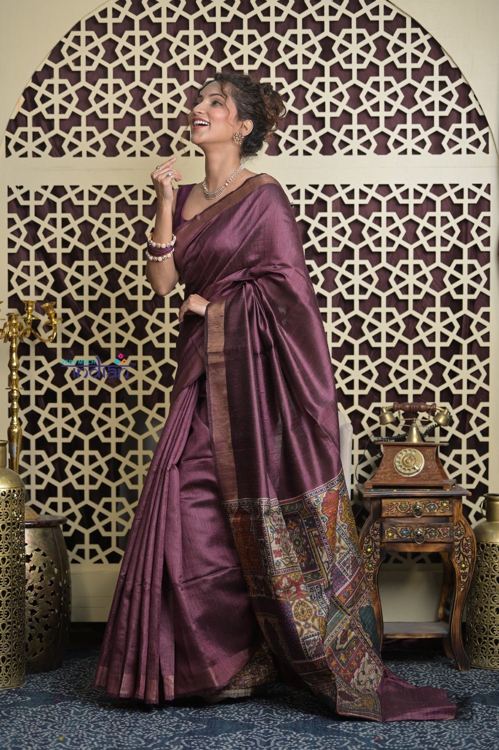 Shubh Lakshmi 2.0 ~ Handloom Dupion Silk Saree with Digital Print in Dark Maroon - verymuchindian.com