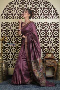 Shubh Lakshmi 2.0 ~ Handloom Dupion Silk Saree with Digital Print in Dark Maroon - verymuchindian.com