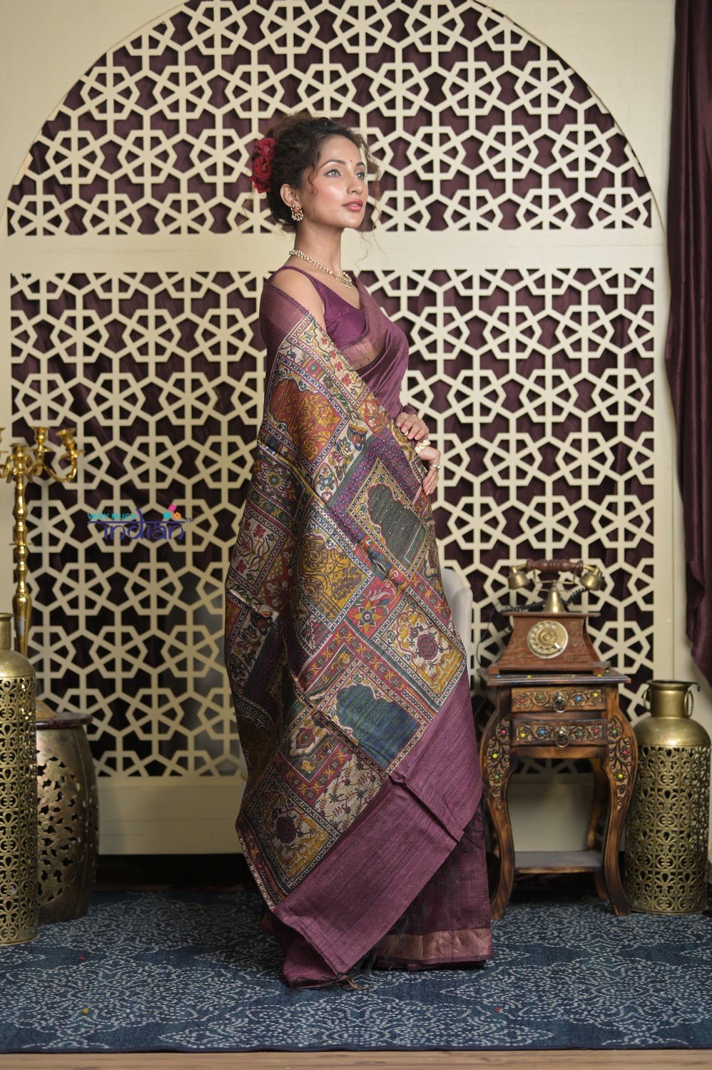 Shubh Lakshmi 2.0 ~ Handloom Dupion Silk Saree with Digital Print in Dark Maroon - verymuchindian.com