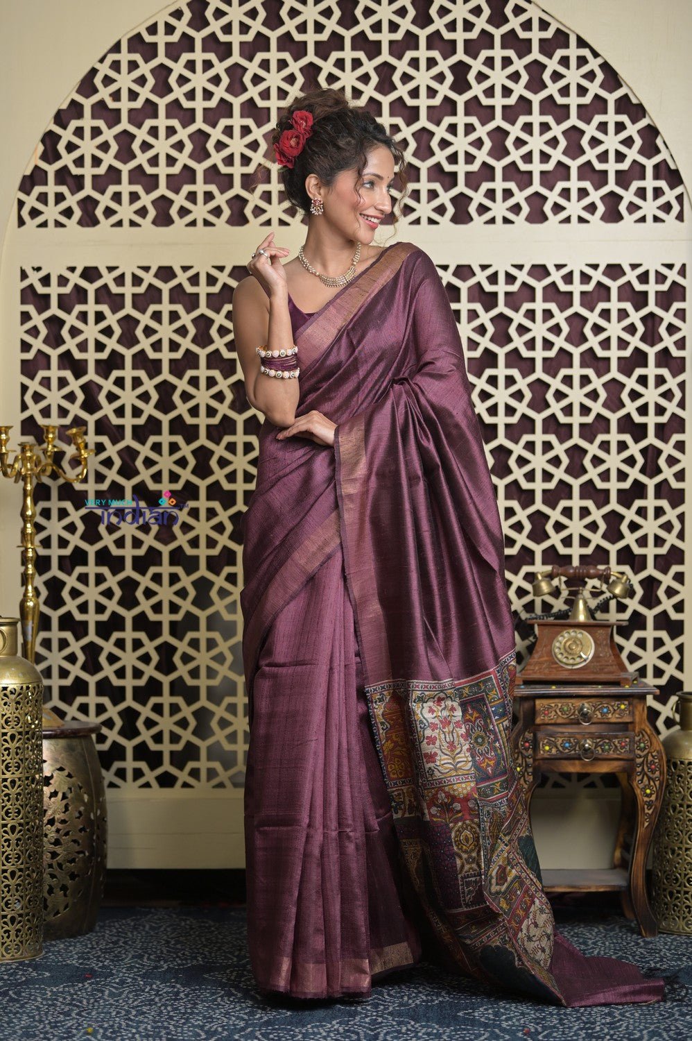 Shubh Lakshmi 2.0 ~ Handloom Dupion Silk Saree with Digital Print in Dark Maroon - verymuchindian.com