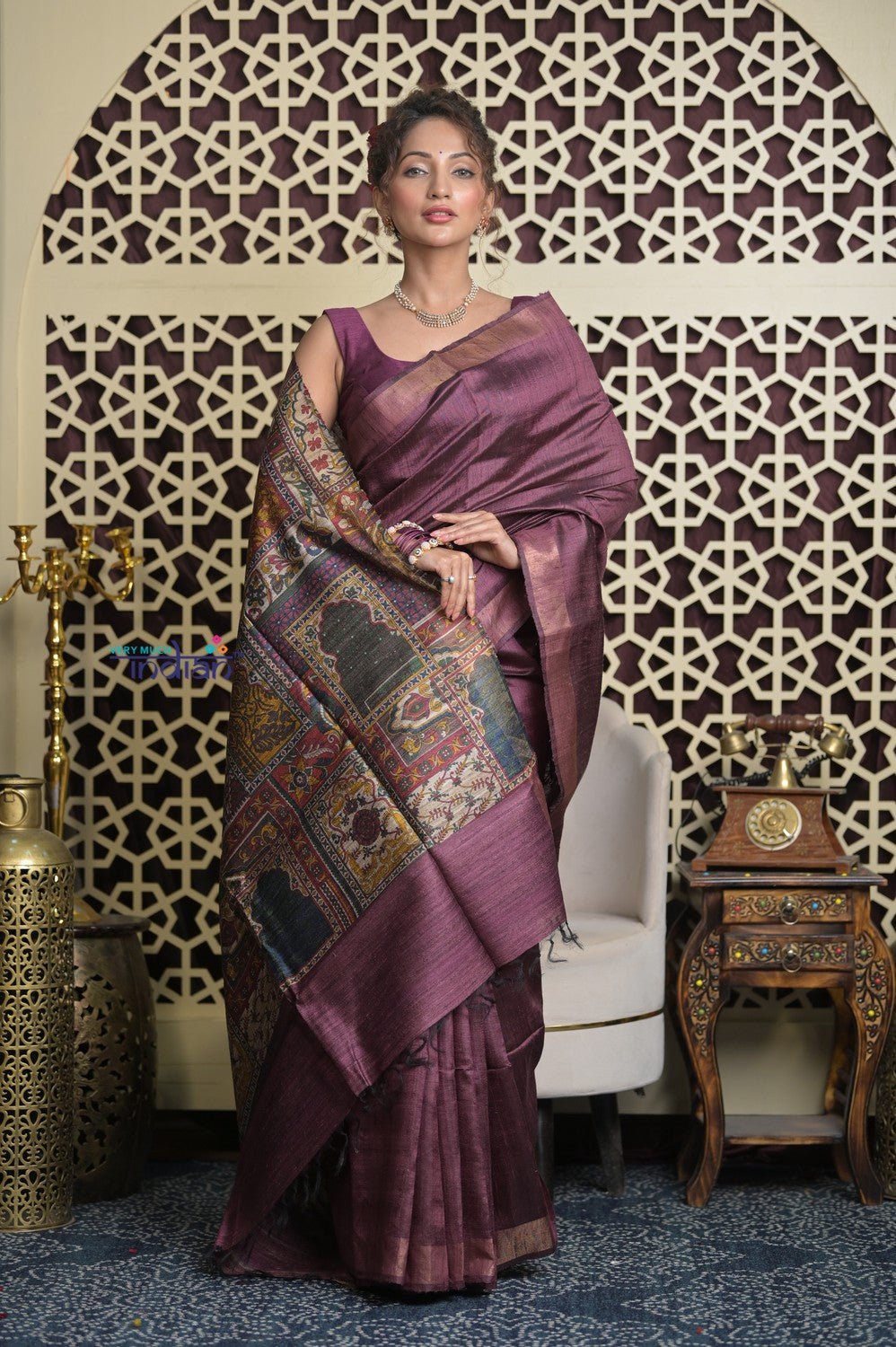 Shubh Lakshmi 2.0 ~ Handloom Dupion Silk Saree with Digital Print in Dark Maroon - verymuchindian.com