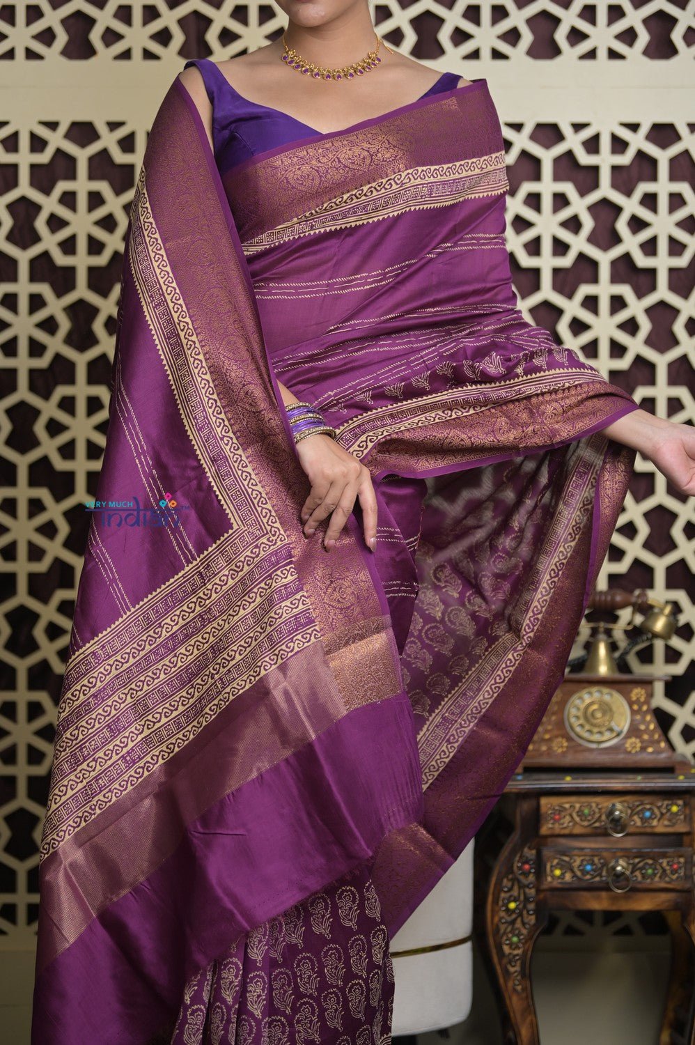 Shubh Lakshmi 2.0 ~ Handloom High Quality Pure Chanderi Saree in Purple and Gold (Silk Mark Certified) - verymuchindian.com