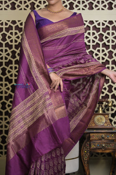Shubh Lakshmi 2.0 ~ Handloom High Quality Pure Chanderi Saree in Purple and Gold (Silk Mark Certified) - verymuchindian.com