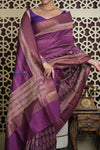 Shubh Lakshmi 2.0 ~ Handloom High Quality Pure Chanderi Saree in Purple and Gold (Silk Mark Certified) - verymuchindian.com