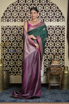 Shubh Lakshmi 2.0 ~ Handloom High Quality Pure Chiniya Silk Saree in Forest Green and Pink (Silk Mark Certified) - verymuchindian.com