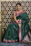 Shubh Lakshmi 2.0 ~ Handloom High Quality Pure Chiniya Silk Saree in Forest Green and Pink (Silk Mark Certified) - verymuchindian.com
