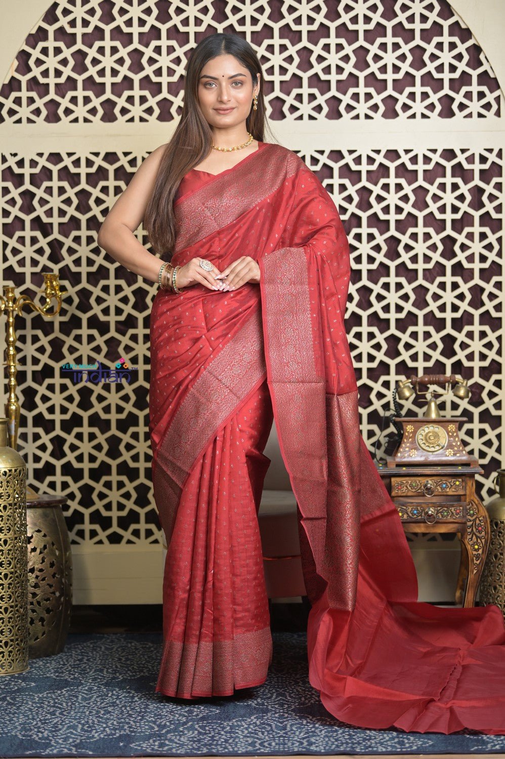 Shubh Lakshmi 2.0 ~ Handloom High Quality Pure Chiniya Silk Saree in Twilight Red (Silk Mark Certified) - verymuchindian.com