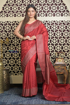 Shubh Lakshmi 2.0 ~ Handloom High Quality Pure Chiniya Silk Saree in Twilight Red (Silk Mark Certified) - verymuchindian.com