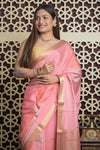 Shubh Lakshmi 2.0 ~ Handloom High Quality Pure Crepe Silk Saree in Light Peach and Gold (Silk Mark Certified) - verymuchindian.com